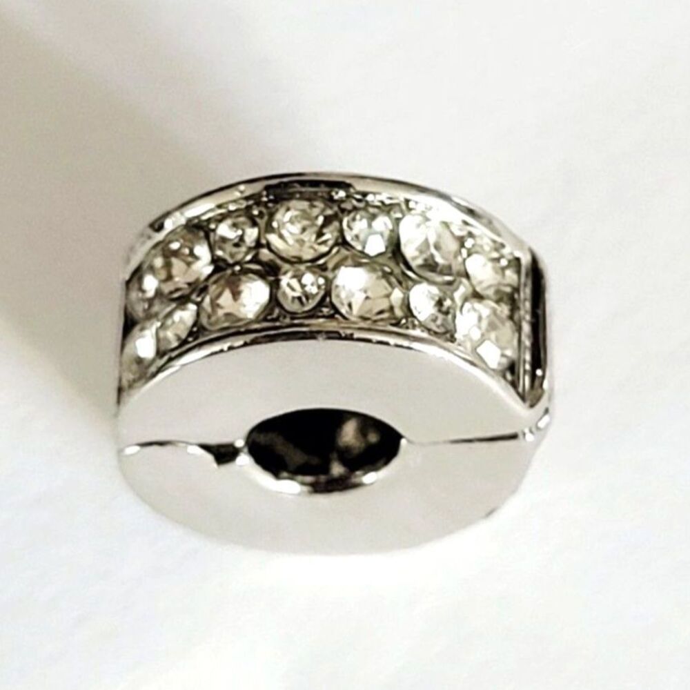 NWT For Pandora Charm Bracelets Silver Clear Rhinestone Snap Stopper Clip Charm